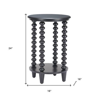 24" Black Solid Wood Circular End Table With Shelf