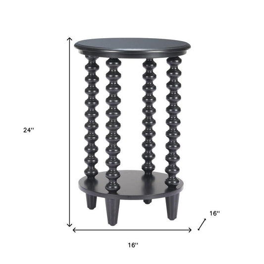 24" Black Solid Wood Circular End Table With Shelf