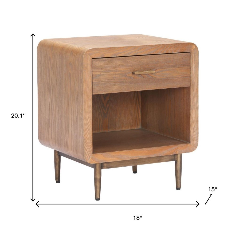 20" Brown Wood and Steel Free Form Pedestal End Table With Drawer And Shelf HomeRoots