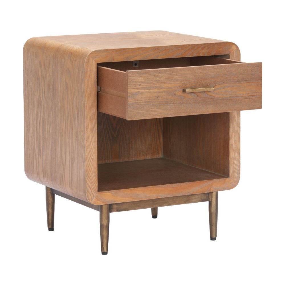 20" Brown Wood and Steel Free Form Pedestal End Table With Drawer And Shelf — view 3