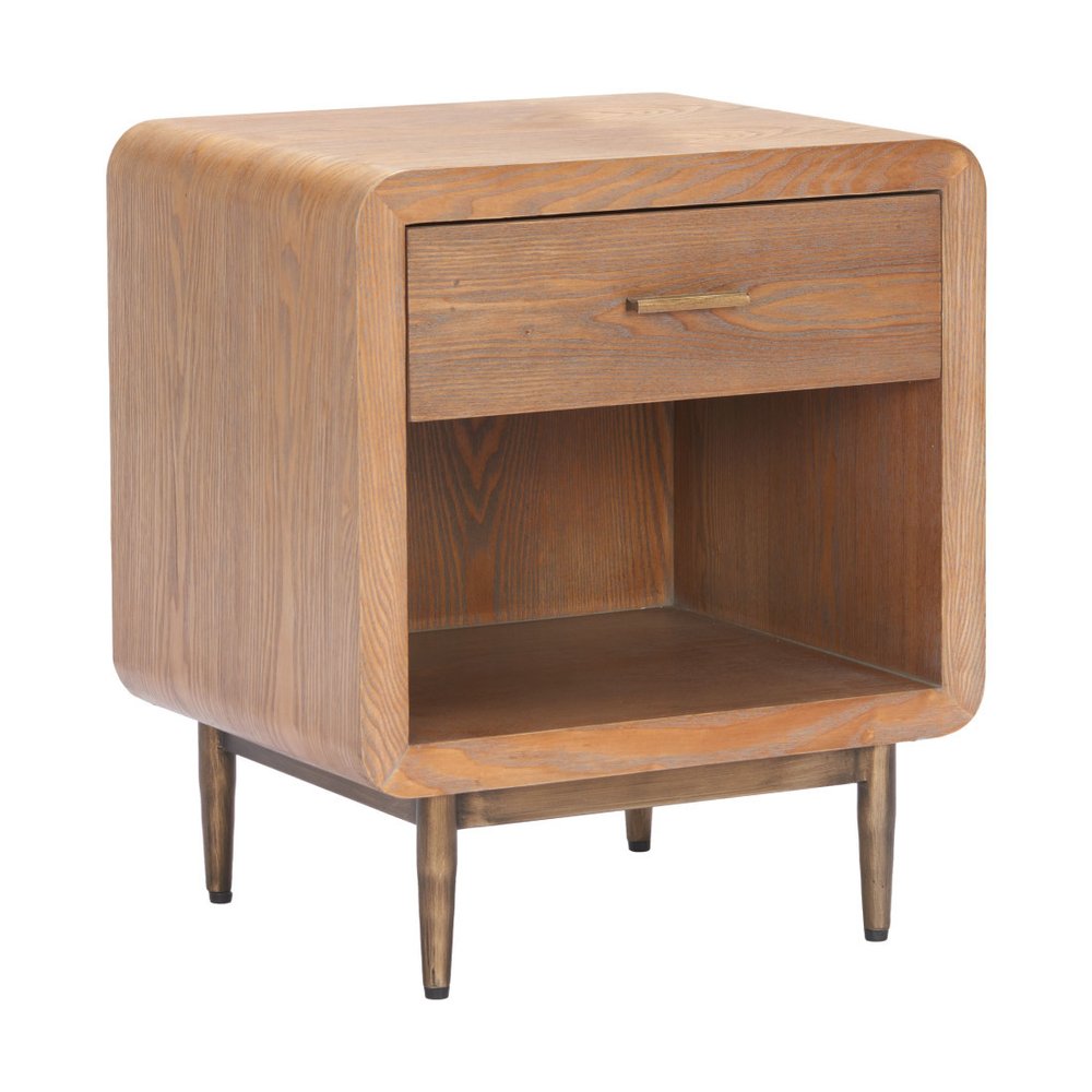 20" Brown Wood and Steel Free Form Pedestal End Table With Drawer And Shelf — view 4
