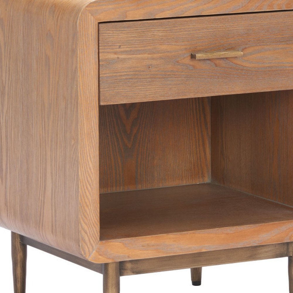 20" Brown Wood and Steel Free Form Pedestal End Table With Drawer And Shelf HomeRoots