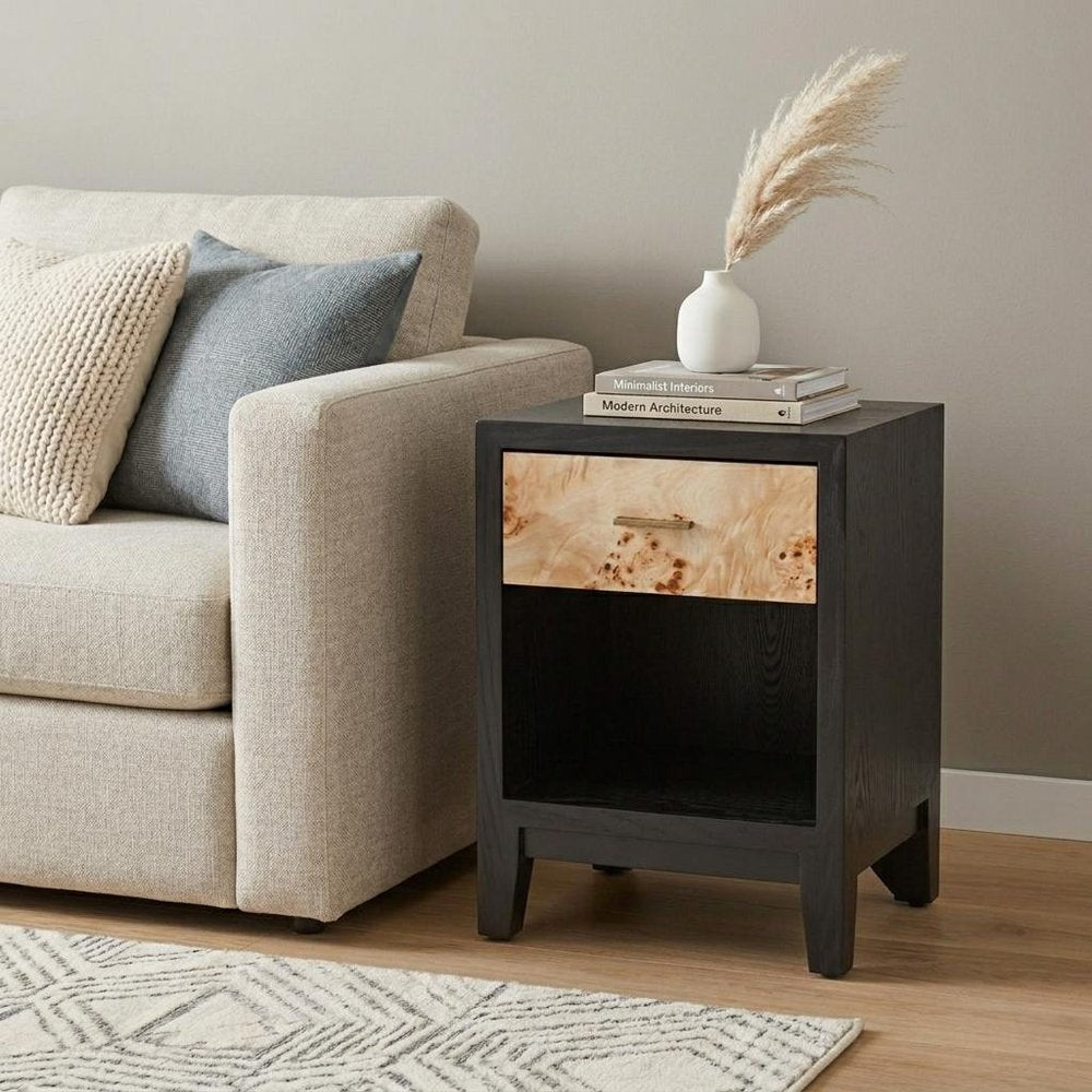 22" Gray Black and Natural Solid Wood End Table With Drawer And Shelf HomeRoots