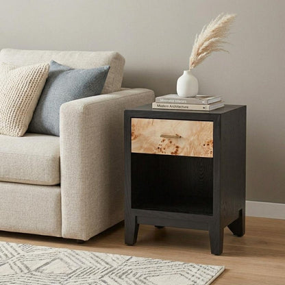 22" Gray Black and Natural Solid Wood End Table With Drawer And Shelf HomeRoots