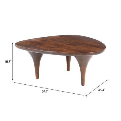 38" Brown Solid Wood and Wood Triangle Pedestal Coffee Table