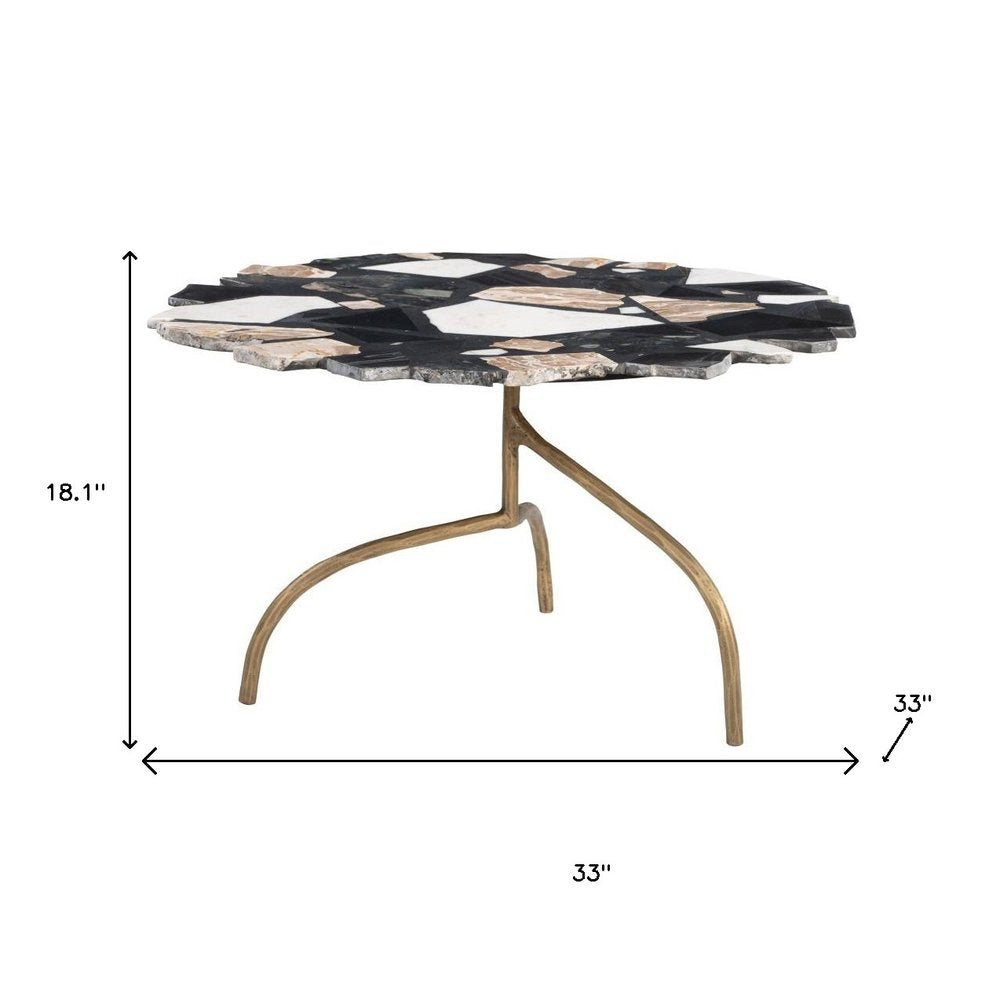 33" Black Brown White and Gold Terrazzo and Iron Coffee Table HomeRoots