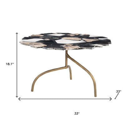 33" Black and Gold Terrazzo and Iron Free Form Pedestal Coffee Table HomeRoots