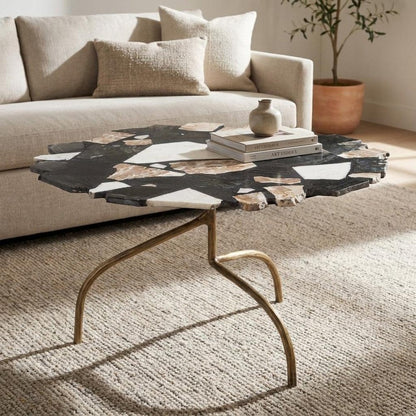 33" Black Brown White and Gold Terrazzo and Iron Coffee Table HomeRoots