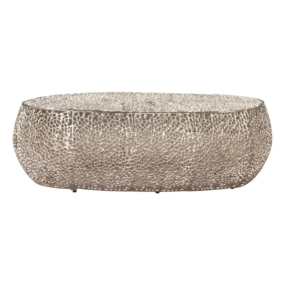 50" Silver Aluminum Oval Pedestal Coffee Table HomeRoots