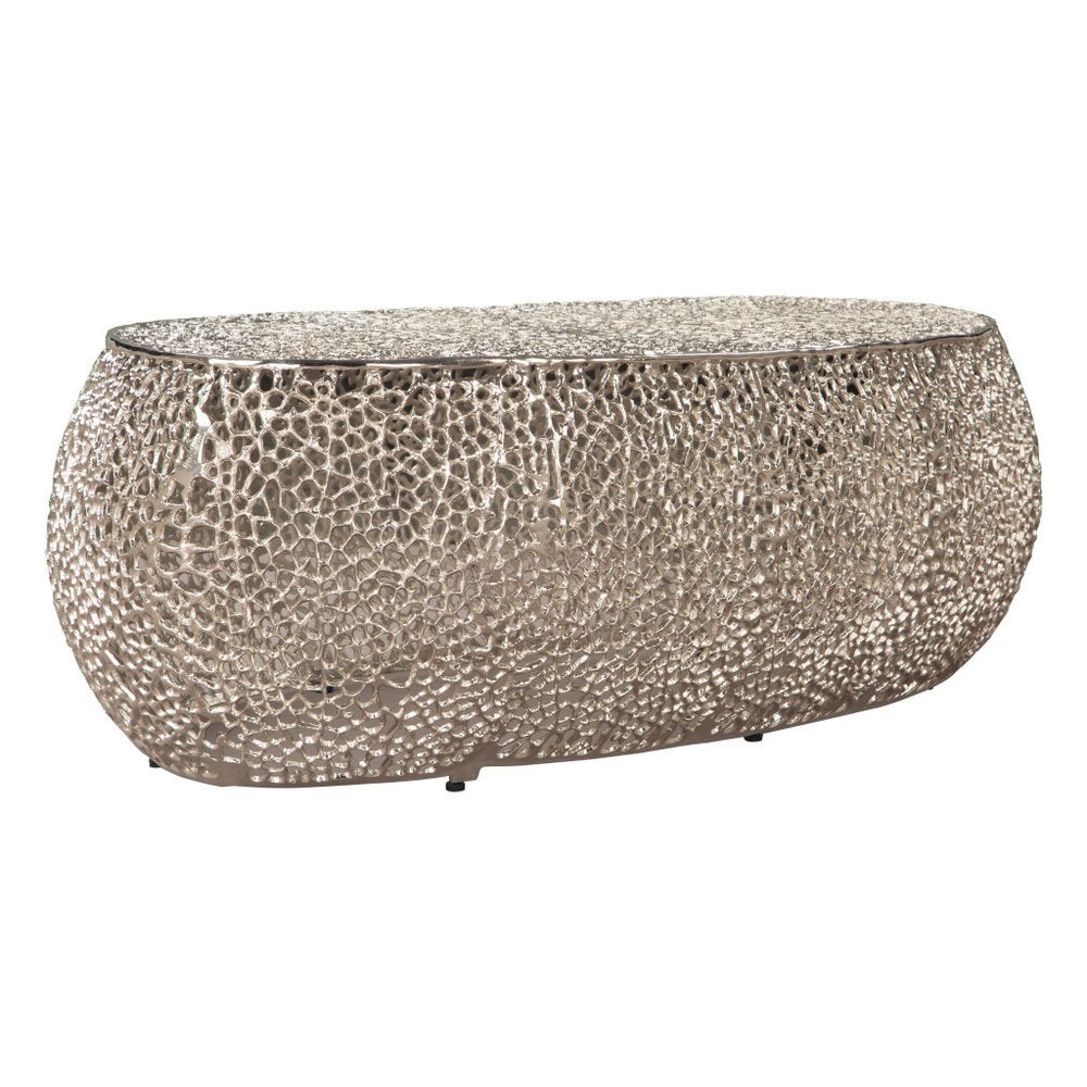 50" Silver Aluminum Oval Pedestal Coffee Table HomeRoots