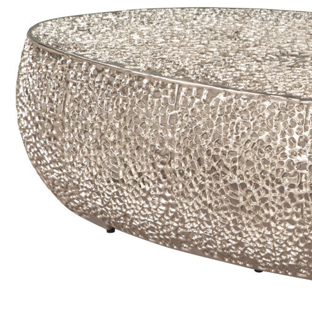50" Silver Aluminum Oval Pedestal Coffee Table HomeRoots