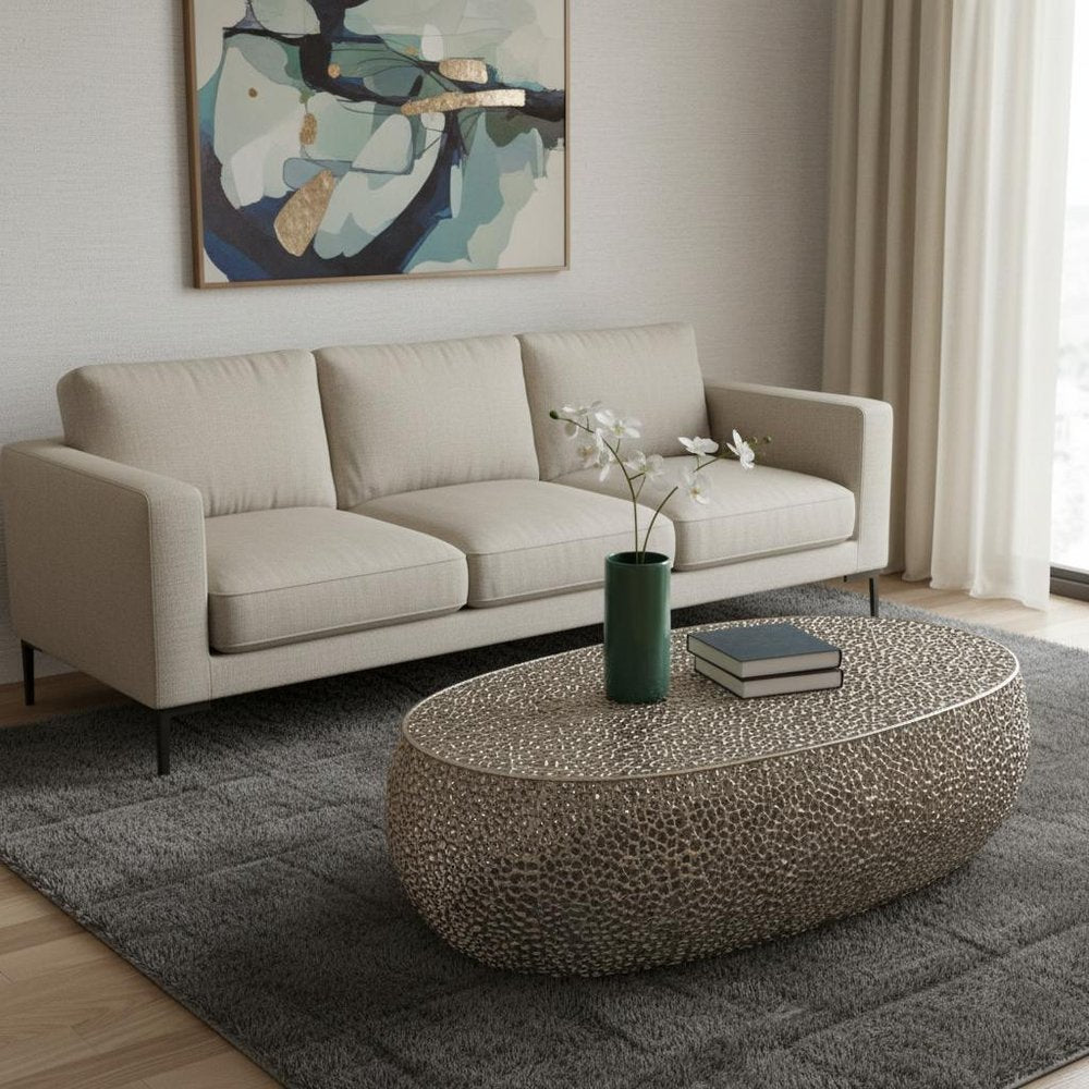 50" Silver Aluminum Oval Pedestal Coffee Table HomeRoots