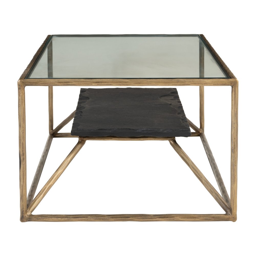 48" Clear Black and Brass Glass and Iron Frame Coffee Table — view 5