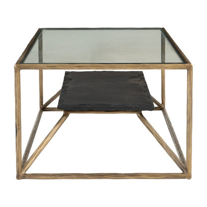 48" Clear Black and Brass Glass and Iron Frame Coffee Table