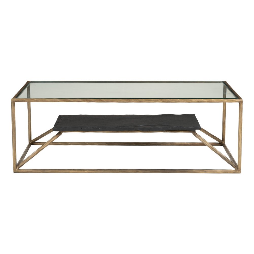 48" Clear Black and Brass Glass and Iron Frame Coffee Table HomeRoots
