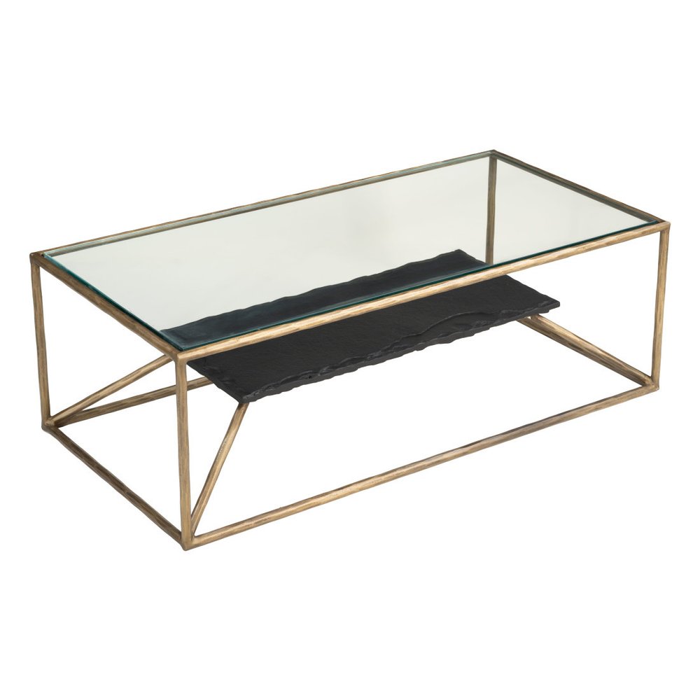 48" Clear Black and Brass Glass and Iron Frame Coffee Table HomeRoots