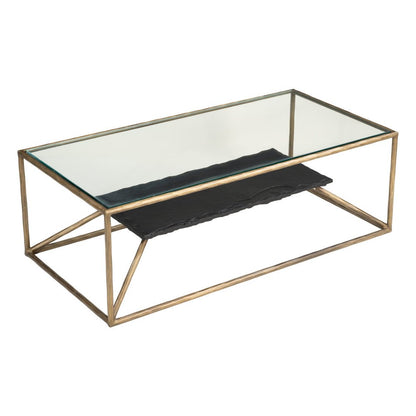 48" Clear Black and Brass Glass and Iron Frame Coffee Table HomeRoots
