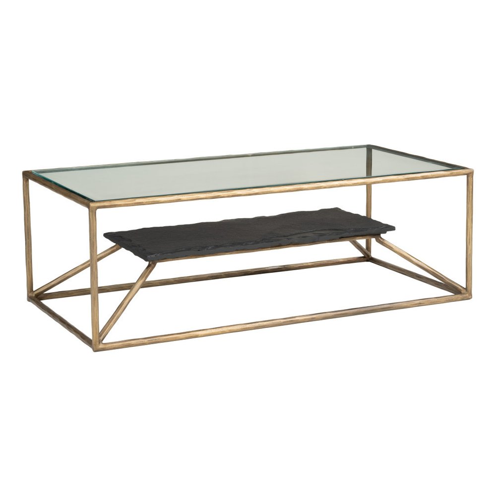48" Clear Black and Brass Glass and Iron Frame Coffee Table HomeRoots
