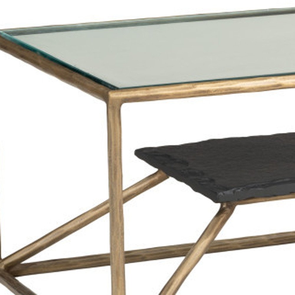 48" Clear Black and Brass Glass and Iron Frame Coffee Table HomeRoots