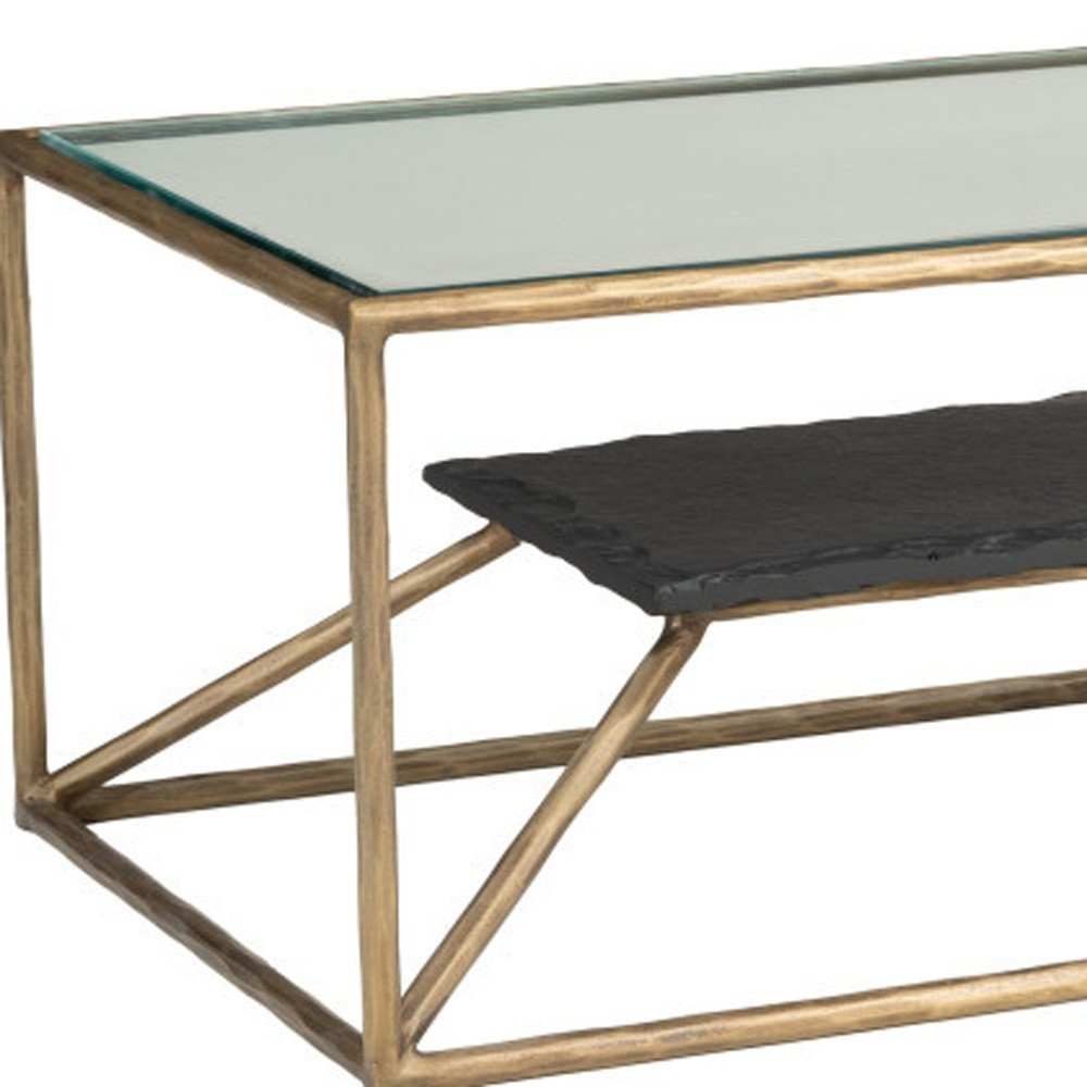 48" Clear Black and Brass Glass and Iron Frame Coffee Table — view 2