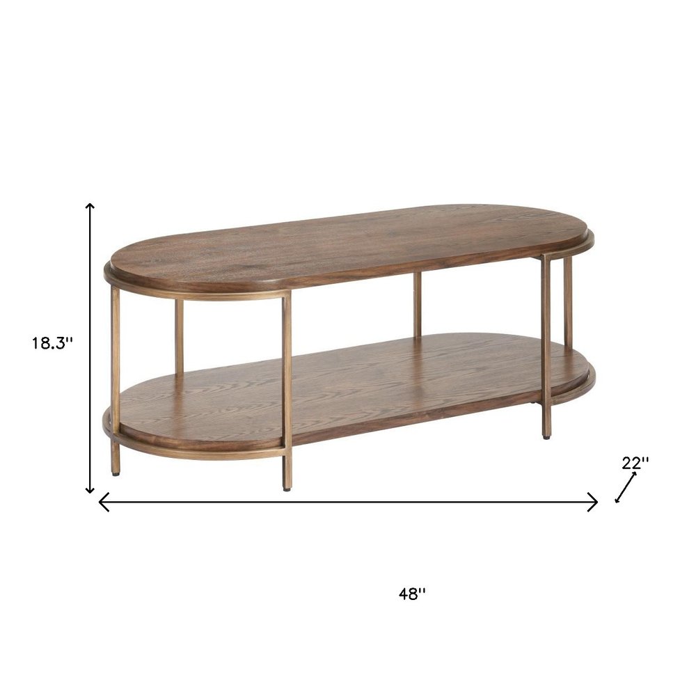 48" Brown Wood And Steel Oval Two Tier Coffee Table HomeRoots