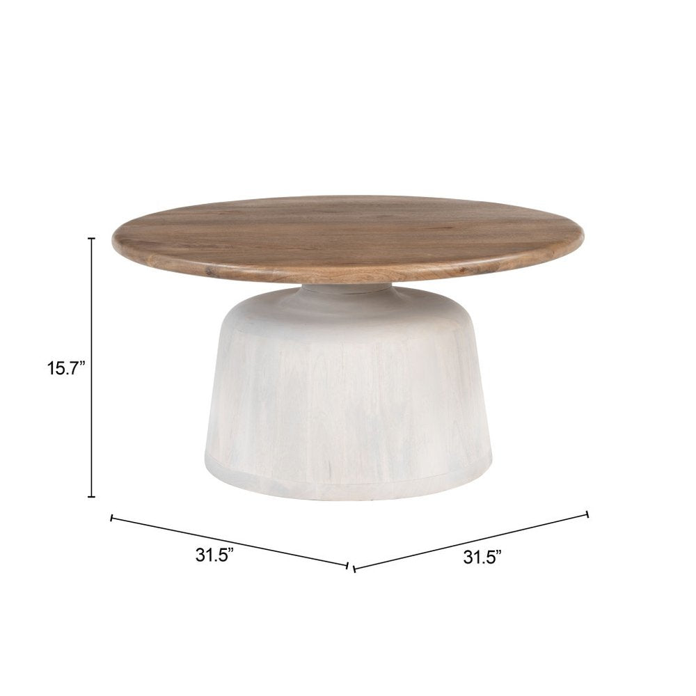 32" White Solid Wood and Wood Round Pedestal Coffee Table HomeRoots