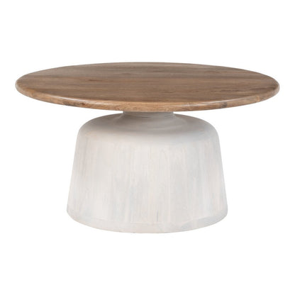 32" White Solid Wood and Wood Round Pedestal Coffee Table HomeRoots