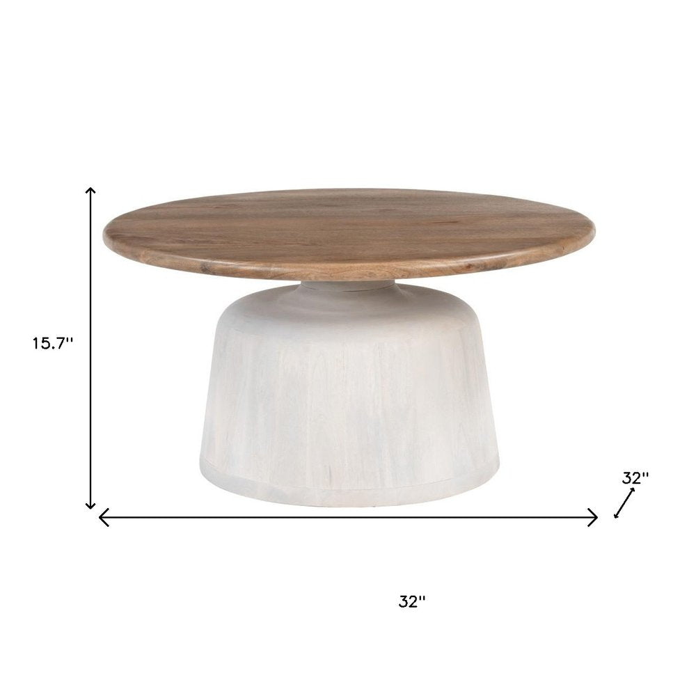 32" White Solid Wood and Wood Round Pedestal Coffee Table HomeRoots