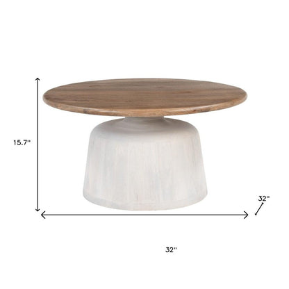 32" Brown and White Solid Wood Round Pedestal Coffee Table