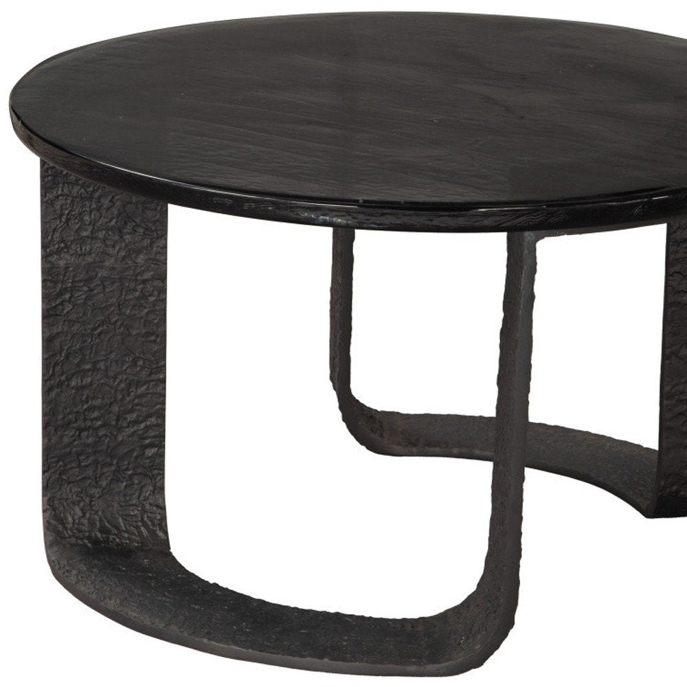 32" Black Glass and Aluminum Round Pedestal Coffee Table HomeRoots