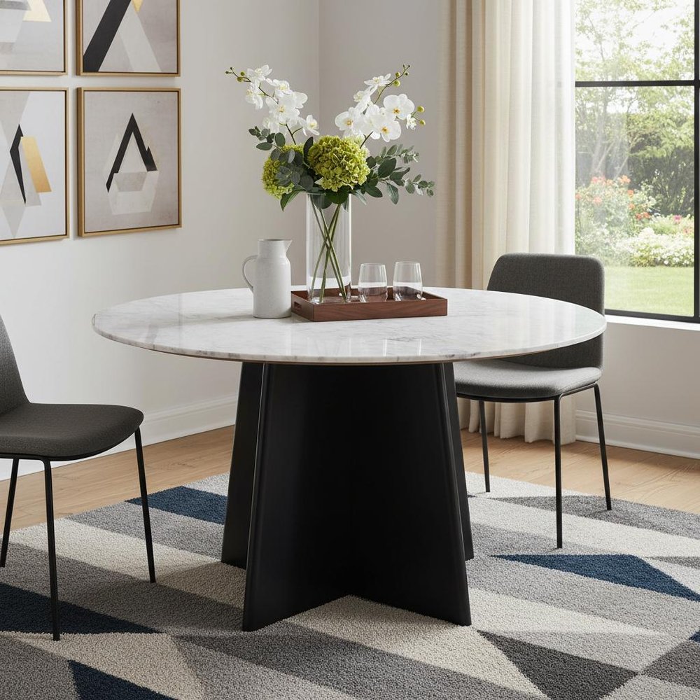 51" White and Black Marble and Wood Pedestal Base Round Top Dining Table HomeRoots