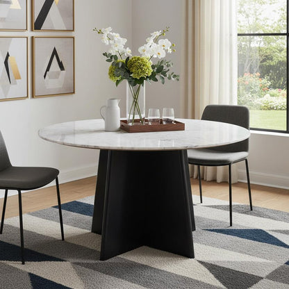 51" White and Black Marble and Wood Pedestal Base Round Top Dining Table HomeRoots