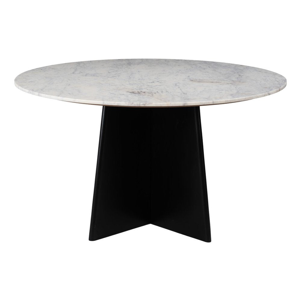 51" White and Black Marble and Wood Pedestal Base Round Top Dining Table HomeRoots