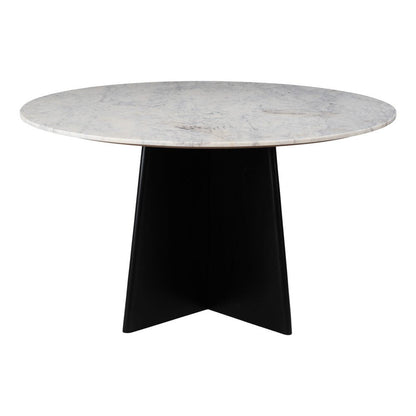 51" White and Black Marble and Wood Pedestal Base Round Top Dining Table HomeRoots