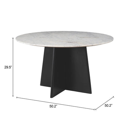 51" White and Black Marble and Wood Pedestal Base Round Top Dining Table HomeRoots