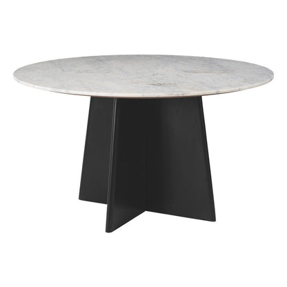 51" White and Black Marble and Wood Pedestal Base Round Top Dining Table HomeRoots