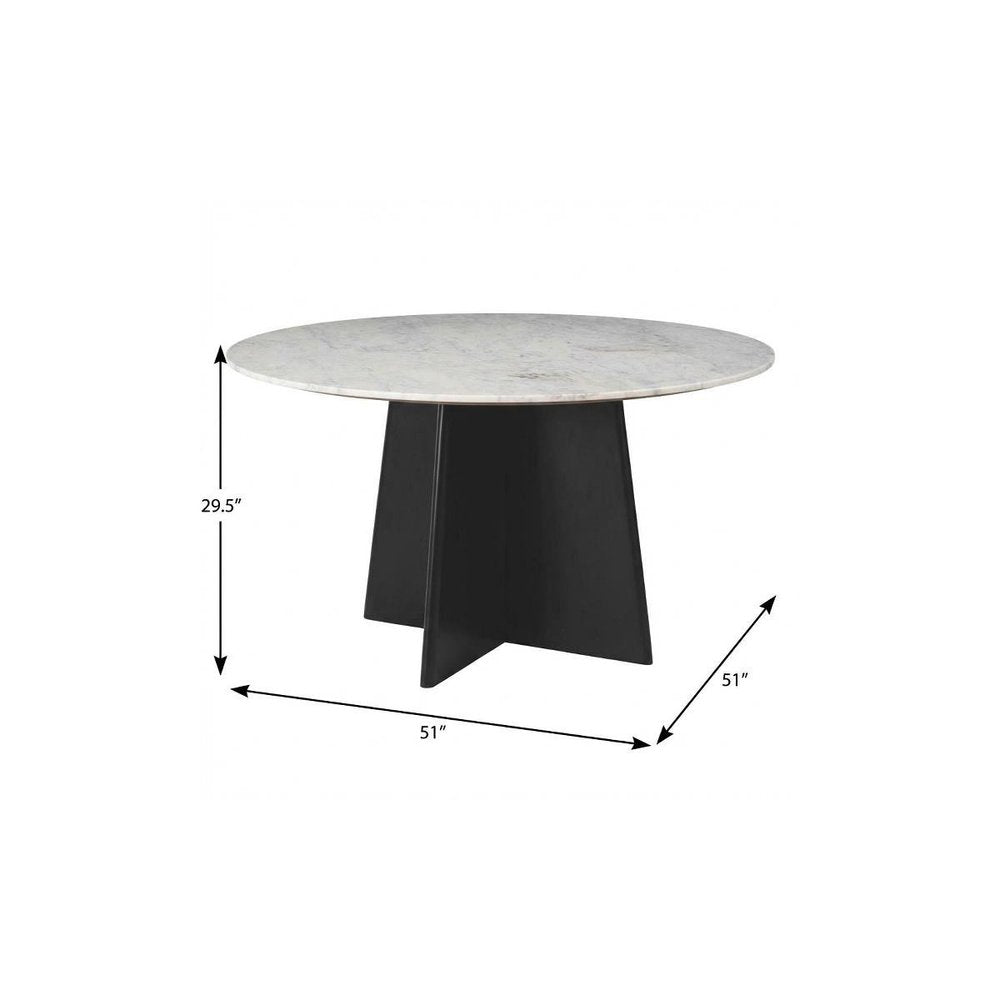 51" White and Black Marble and Wood Pedestal Base Round Top Dining Table HomeRoots