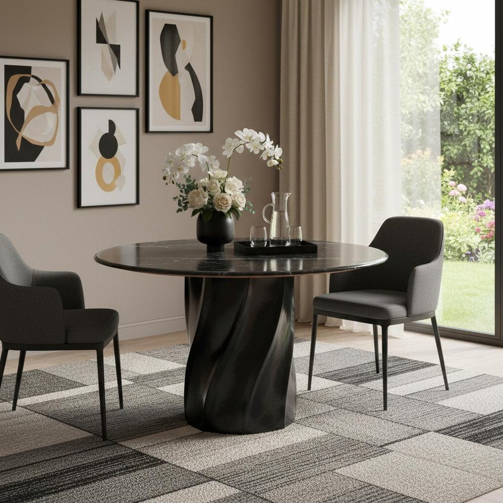 48" Black Marble and Wood Pedestal Base Round Top Dining Table HomeRoots