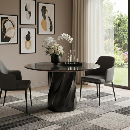 48" Black Marble and Wood Pedestal Base Round Top Dining Table HomeRoots