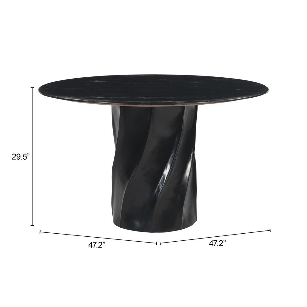 48" Black Marble and Wood Pedestal Base Round Top Dining Table HomeRoots