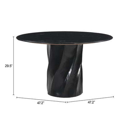 48" Black Marble and Wood Pedestal Base Round Top Dining Table HomeRoots