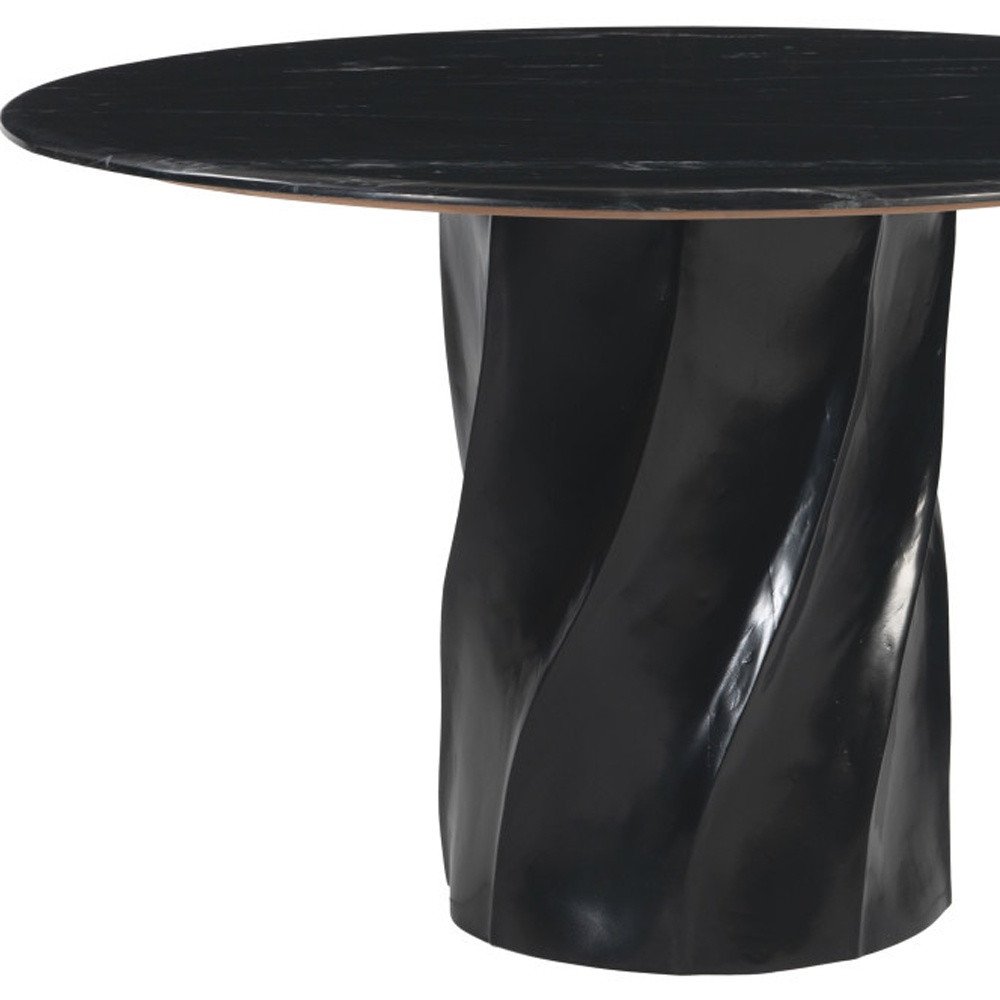 48" Black Marble and Wood Pedestal Base Round Top Dining Table HomeRoots