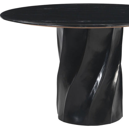 48" Black Marble and Wood Pedestal Base Round Top Dining Table HomeRoots