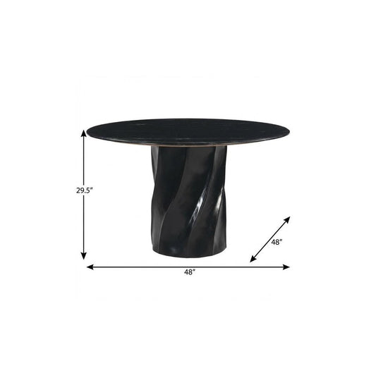 48" Black Marble and Wood Pedestal Base Round Top Dining Table