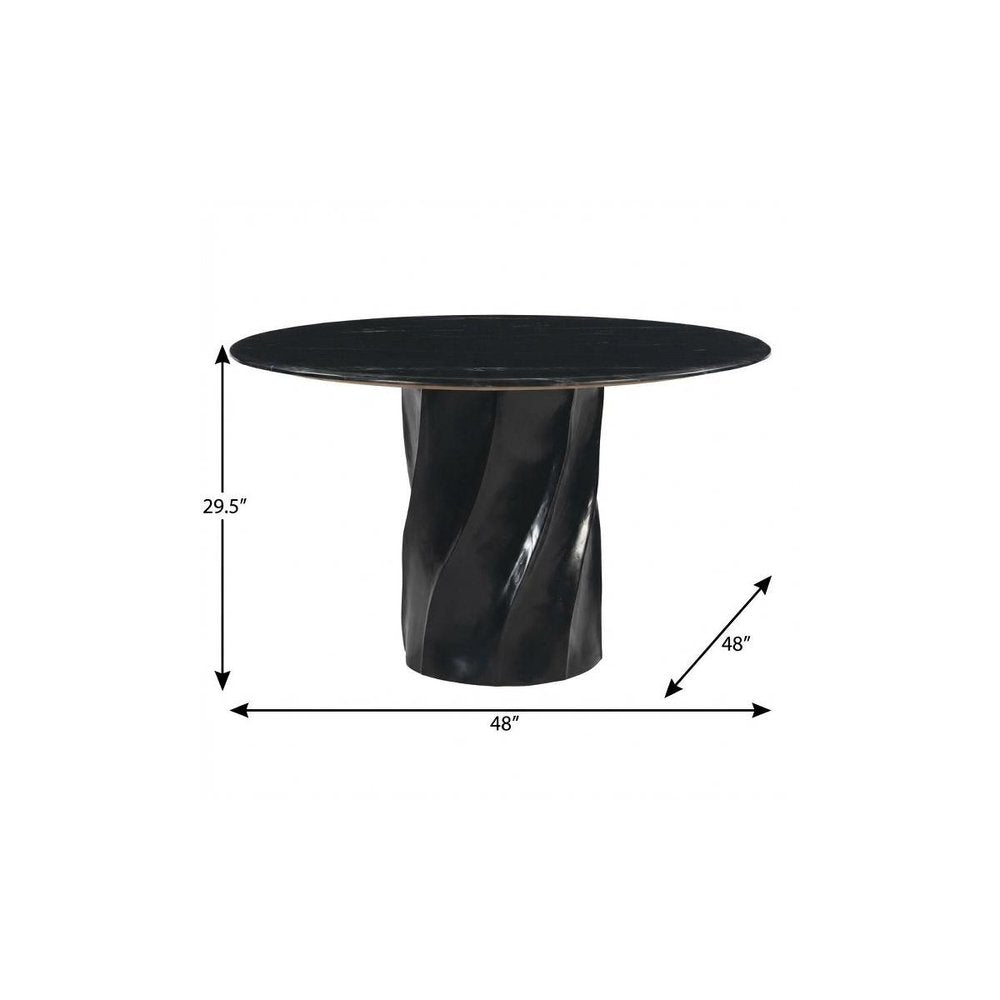 48" Black Marble and Wood Pedestal Base Round Top Dining Table HomeRoots