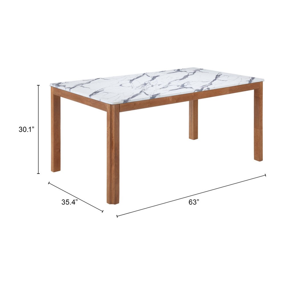 63" White and Natural Faux Marble and Solid Wood Dining Table HomeRoots