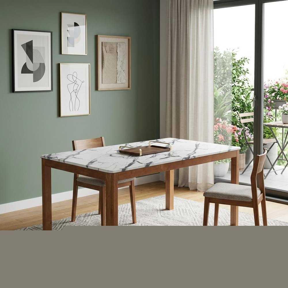 63" White and Natural Faux Marble and Solid Wood Dining Table HomeRoots