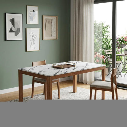 63" White and Natural Faux Marble and Solid Wood Dining Table HomeRoots