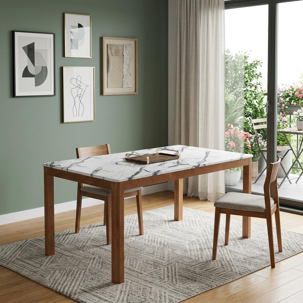63" White and Natural Faux Marble and Solid Wood Dining Table HomeRoots