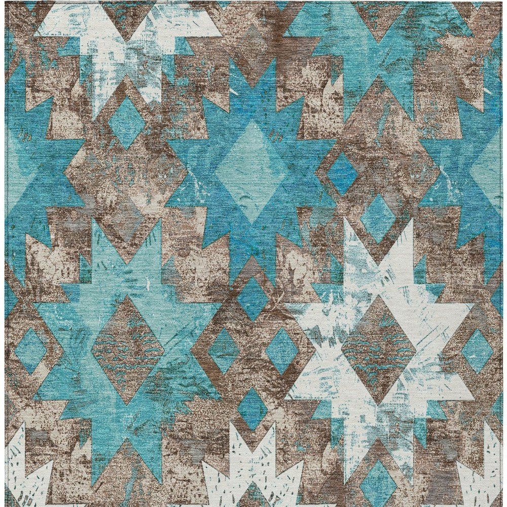 10' X 14' Teal Blue Brown And Ivory Aztec Washable Indoor Outdoor Area Rug — view 5
